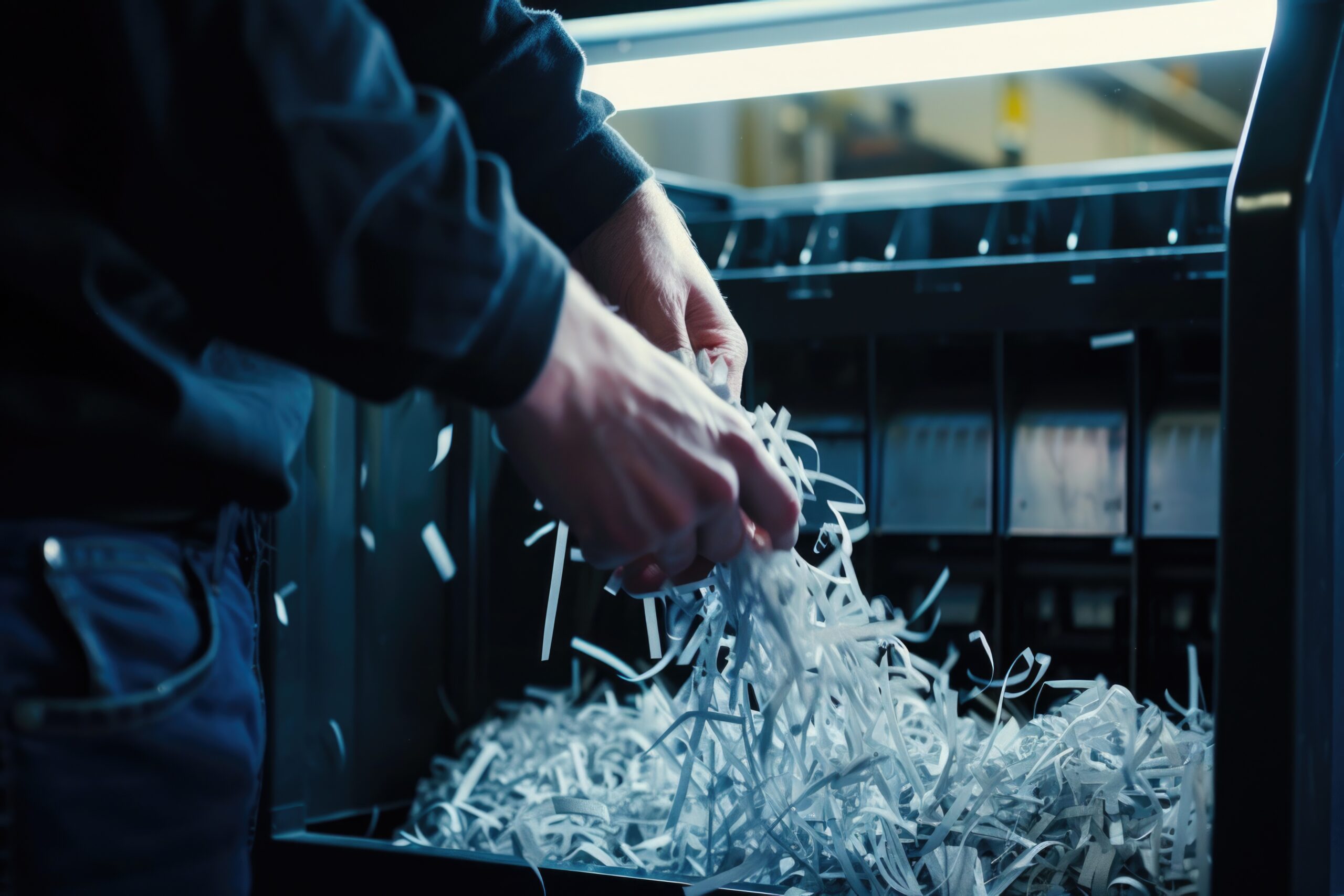 Person operating paper cutting machine, shredding paper into fine particles.