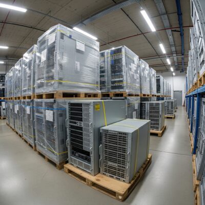 Rows of palletized server racks wrapped in clear plastic inside a warehouse for secure hard disk disposal.